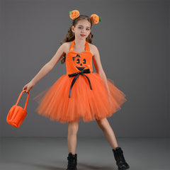 Kids Girls Pumpkin Mesh Tutu Dress 3 Piece Set Outfits Halloween Cosplay Party Suit