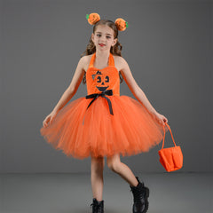 Kids Girls Pumpkin Mesh Tutu Dress 3 Piece Set Outfits Halloween Cosplay Party Suit