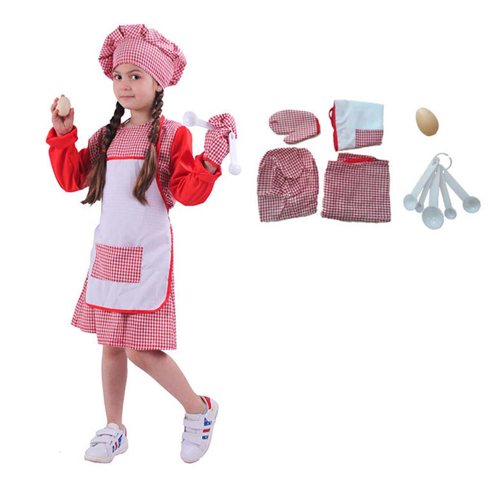 Kids Girls Red Plaid Chef Dress Full Set Cosplay Outfits Halloween Party Suit