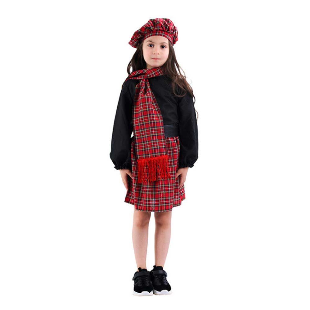 Kids Girls Scottish Red Plaid Skirt Set Cosplay Outfits Halloween Party Suit