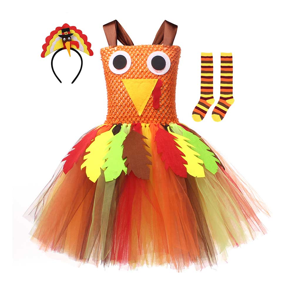 Kids Girls Thanksgiving Day Mesh Tutu Turkey Cosplay Dress 3 Piece Set Outfits Halloween Party Suit