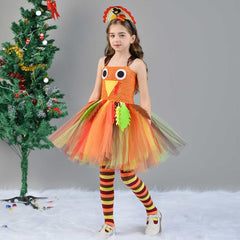 Kids Girls Thanksgiving Day Mesh Tutu Turkey Cosplay Dress 3 Piece Set Outfits Halloween Party Suit