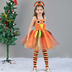 Kids Girls Thanksgiving Day Mesh Tutu Turkey Cosplay Dress 3 Piece Set Outfits Halloween Party Suit