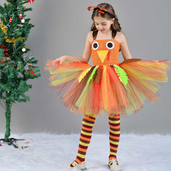 Kids Girls Thanksgiving Day Mesh Tutu Turkey Cosplay Dress 3 Piece Set Outfits Halloween Party Suit