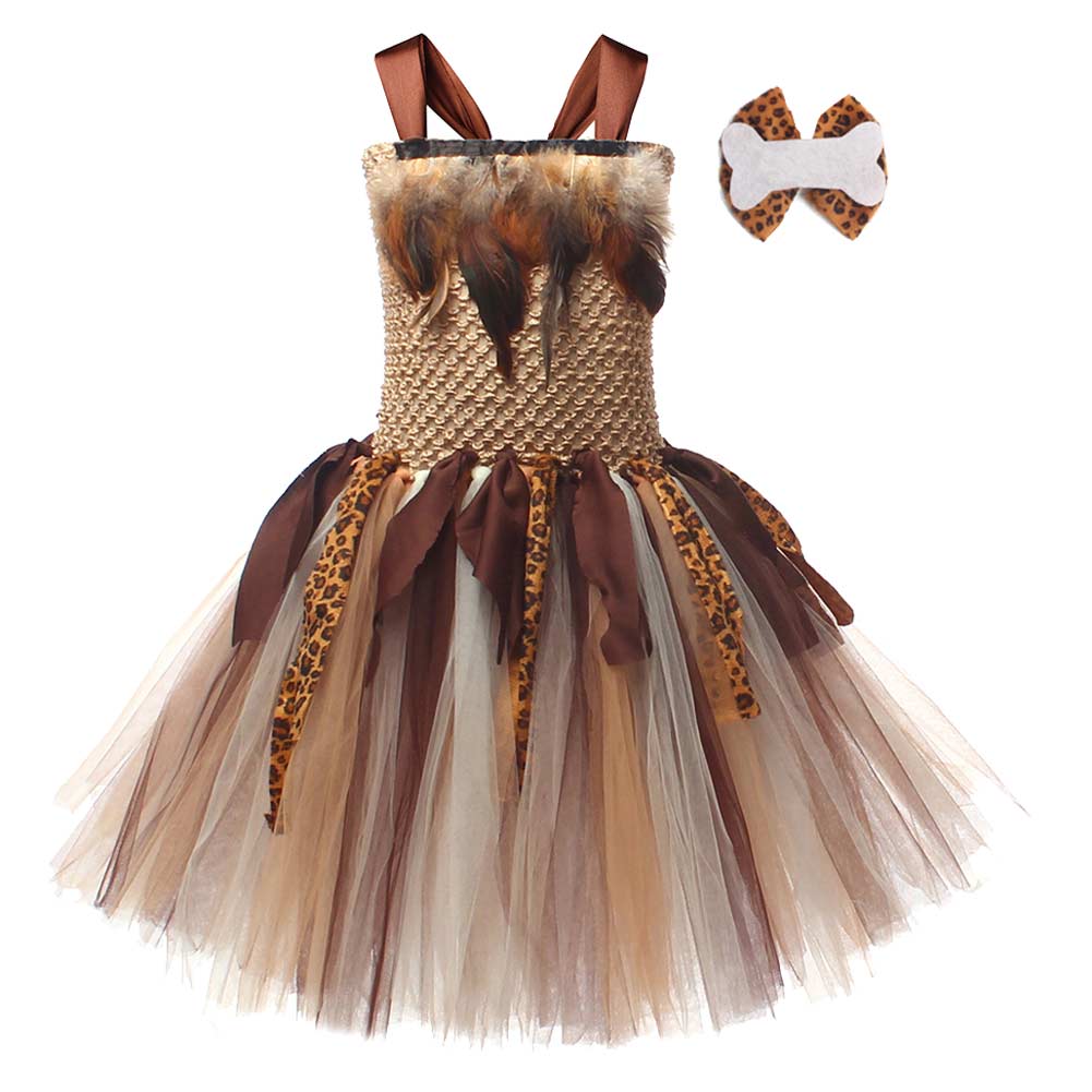 Kids Girls Wildman Cave Mesh Tutu Dress 2 Piece Set Cosplay Outfits Halloween Party Suit