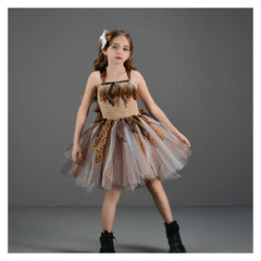 Kids Girls Wildman Cave Mesh Tutu Dress 2 Piece Set Cosplay Outfits Halloween Party Suit