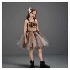 Kids Girls Wildman Cave Mesh Tutu Dress 2 Piece Set Cosplay Outfits Halloween Party Suit