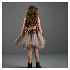 Kids Girls Wildman Cave Mesh Tutu Dress 2 Piece Set Cosplay Outfits Halloween Party Suit