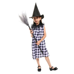 Kids Girls Witch Dress With Broomstick Prop Cosplay Costume Outfits Halloween Stage Party Carnival Suit