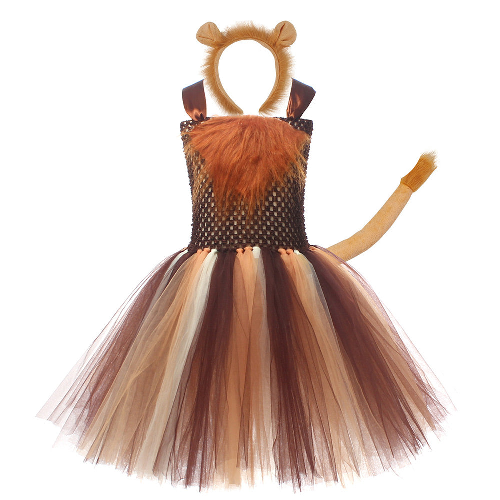 Lion Kids Girls 3 Piece Brown Mesh Tutu Dress Set Cosplay Outfits Halloween Party Suit