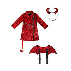 Little Punk Devil Kids Girls Red Coat Props Set Cosplay Outfits Halloween Party Suit