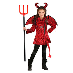 Little Punk Devil Kids Girls Red Coat Props Set Cosplay Outfits Halloween Party Suit