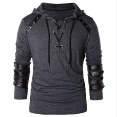 Medieval Adult Leather Strapping Long-sleeved Slim Hooded Sweatshirt Men Casual Pullover Hoodie