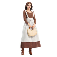 Medieval Colonial Style Estate Women Brown Maid Dress 3 Piece Set Cosplay Outfits Halloween Party Suit