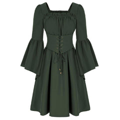 Medieval Elastic Back Big Hem Women Green Dress Cosplay Outfits Halloween Carnival Suit