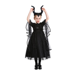 Medieval Gothic Black Wizard Cosplay Kids Girls Mesh Dress Costume Outfits Halloween Carnival Suit