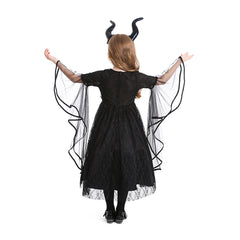 Medieval Gothic Black Wizard Cosplay Kids Girls Mesh Dress Costume Outfits Halloween Carnival Suit