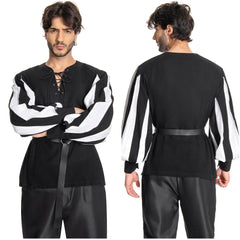 Medieval Men's Pirate Splice Long Sleeve Shirt Belt Set Cosplay Outfits Halloween Party Suit