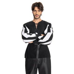 Medieval Men's Pirate Splice Long Sleeve Shirt Belt Set Cosplay Outfits Halloween Party Suit