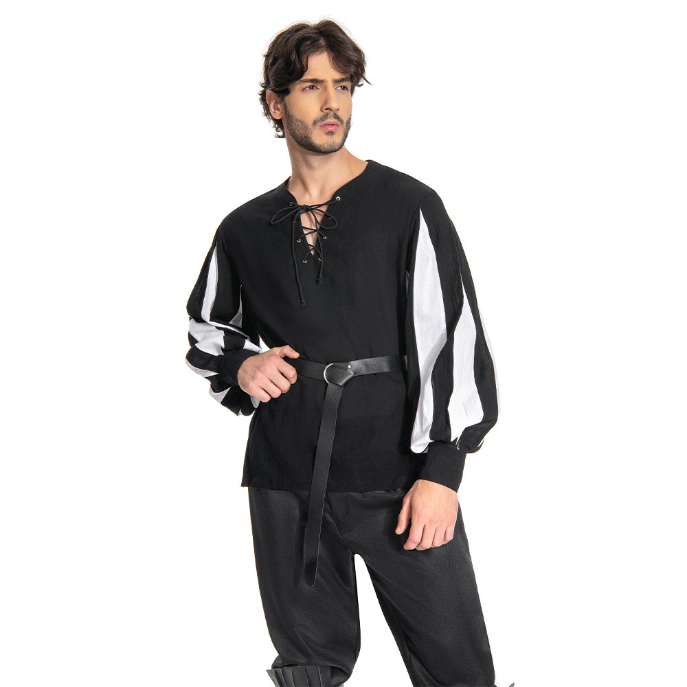 Medieval Men's Pirate Splice Long Sleeve Shirt Belt Set Cosplay Outfit ...