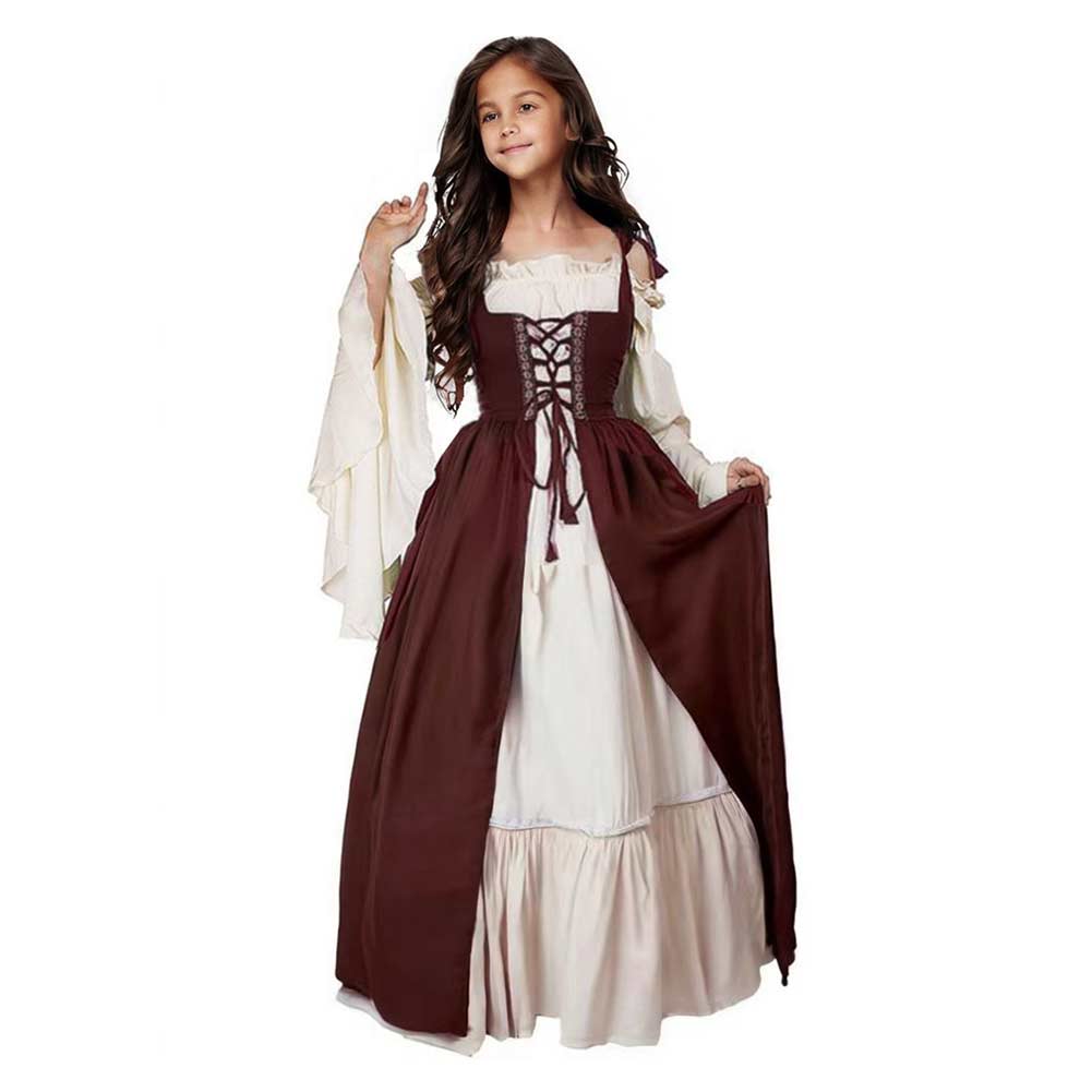 Medieval Renaissance Kids Girls Square Collar Dress Cosplay Costume Outfits Halloween Carnival Suit