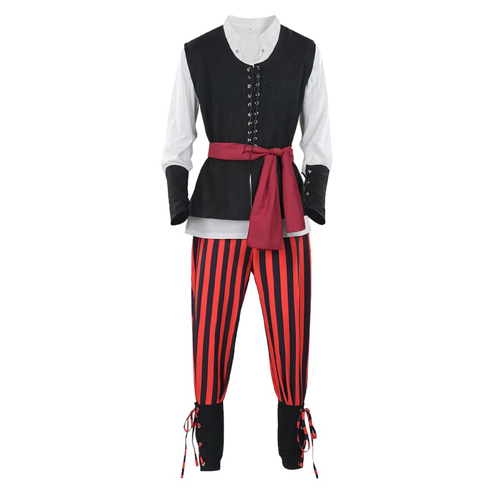 Medieval Renaissance Pirate Cosplay Red Striped Outfits Full Set Retro Halloween Carnival Suit