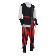 Medieval Renaissance Pirate Cosplay Red Striped Outfits Full Set Retro Halloween Carnival Suit