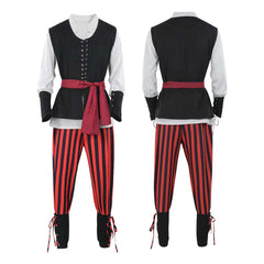 Medieval Renaissance Pirate Cosplay Red Striped Outfits Full Set Retro Halloween Carnival Suit