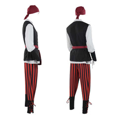 Medieval Renaissance Pirate Cosplay Red Striped Outfits Full Set Retro Halloween Carnival Suit