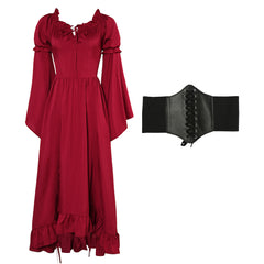 Medieval Women Red Dress 2 Piece Set Cosplay Outfits Halloween Party Suit