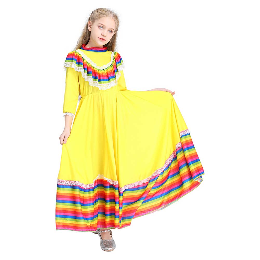 Mexico Big Circle Long Gypsy Flamenco Dance Kids Girls Dress Skirt Cosplay Costume Outfit Halloween Carnival Suit