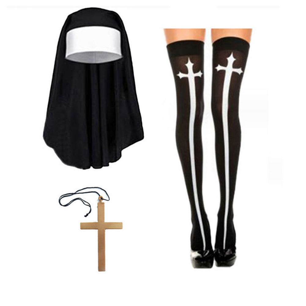 Nun Black Sexy Women Erotic Uniform 3 Piece Set Cosplay Outfits Halloween Party Suit