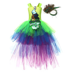 Peacock Kids Girls Mesh Tutu Dress 2 Piece Set Animal Cosplay Outfits Halloween Party Suit