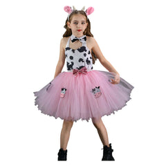 Pink Cow Kids Girls Top Skirt 4 Piece Set Mesh Tutu Pink Dress Cosplay Costume Outfits Halloween Carnival Suit