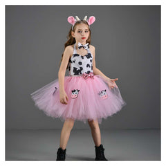 Pink Cow Kids Girls Top Skirt 4 Piece Set Mesh Tutu Pink Dress Cosplay Costume Outfits Halloween Carnival Suit