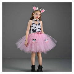 Pink Cow Kids Girls Top Skirt 4 Piece Set Mesh Tutu Pink Dress Cosplay Costume Outfits Halloween Carnival Suit