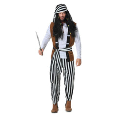 Pirate Striped Clothes For Adult Men 5 Piece Set Cosplay Outfits Halloween Party Suit