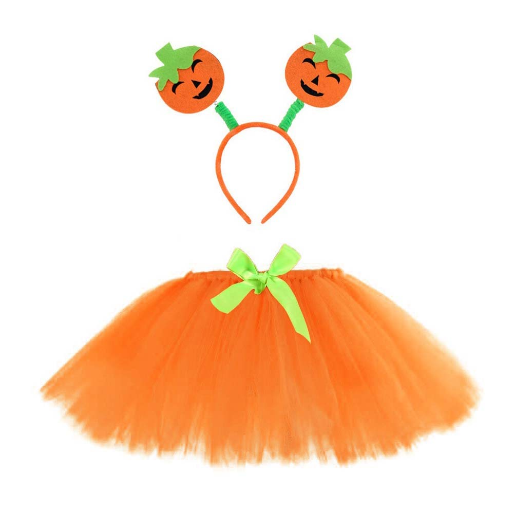 Pumpkins Kids Girls Orange Mesh Tutu Dress 2 Piece Set Cosplay Outfits Halloween Party Suit