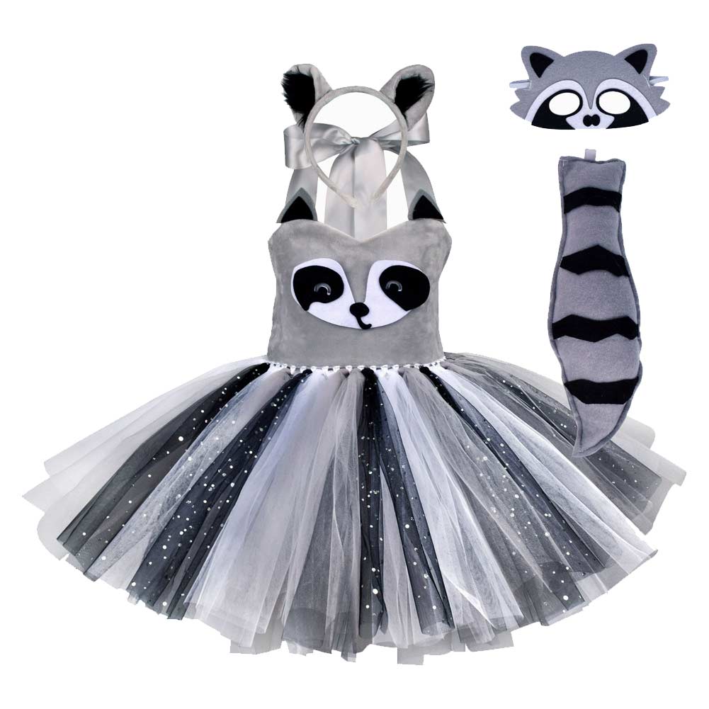 Raccoon Kids Girls Grey Mesh Tutu Dress Mask Headpiece Tail 4 Piece Set Animal Cosplay Costume Outfits Halloween Carnival Suit