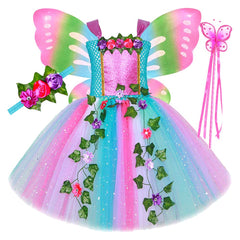 Rainbow Butterfly Wing Kids Girls 4 Piece Mesh Fluffy Dress Set Cosplay Outfits Halloween Party Suit