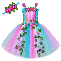 Rainbow Butterfly Wing Kids Girls 4 Piece Mesh Fluffy Dress Set Cosplay Outfits Halloween Party Suit