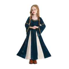 Renaissance Retro Kids Girls Navy Flared Sleeve Dress Cosplay Costume Outfits Halloween Carnival Suit