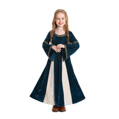 Renaissance Retro Kids Girls Navy Flared Sleeve Dress Cosplay Costume Outfits Halloween Carnival Suit