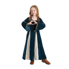 Renaissance Retro Kids Girls Navy Flared Sleeve Dress Cosplay Costume Outfits Halloween Carnival Suit