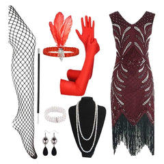 Retro 1920s Gatsby Vintage Sequin Beaded Dress Gatsby Gown Prom Headpiece Gloves Necklace 8 Piece Set Halloween Carnival Cosplay Costume