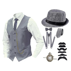 Retro 1920S Medieval Men Grey Vest Shirt 8 Piece Gatsby Prom Props Set Cosplay Costume Outfits Halloween Carnival Suit