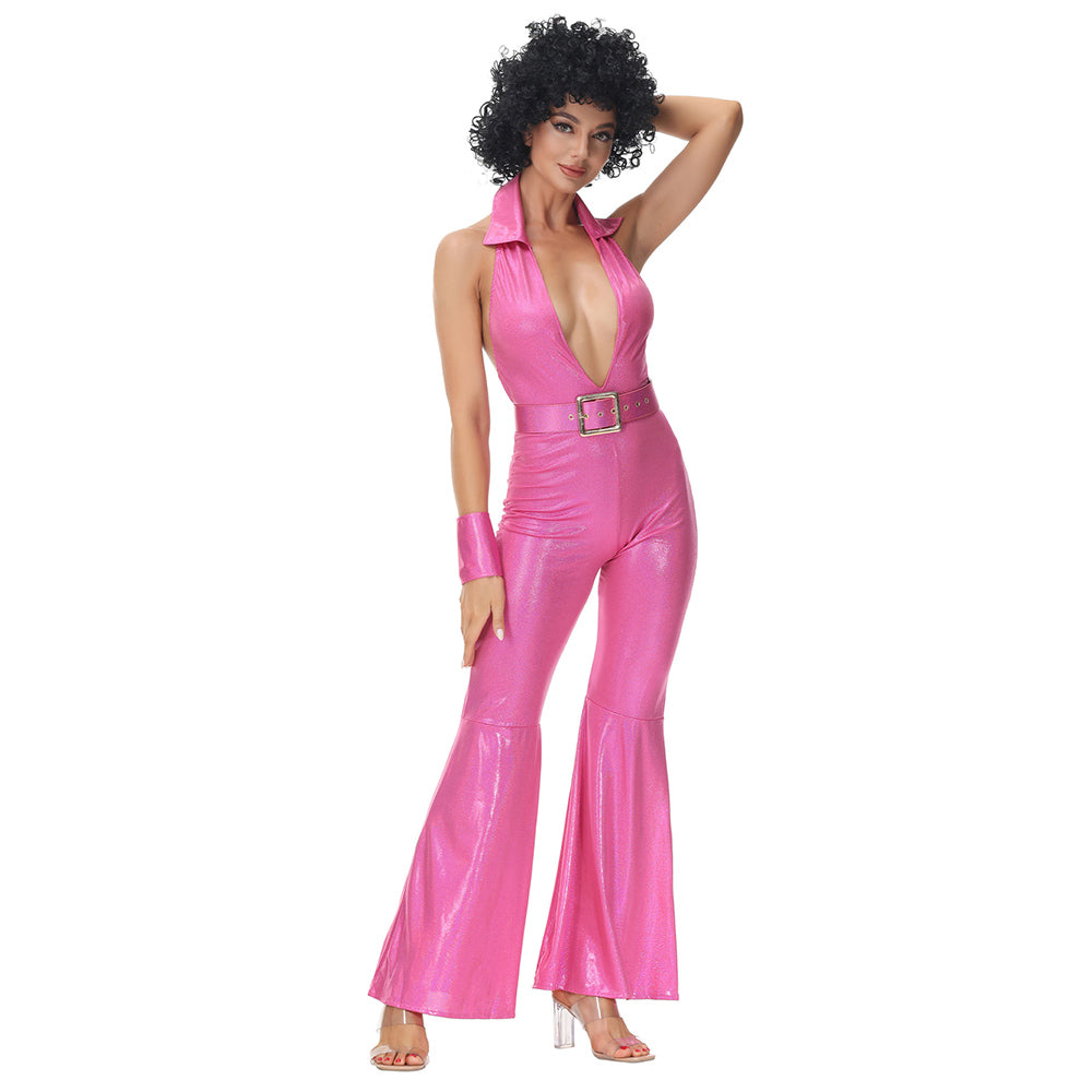 Retro 1970s Hip Hop Disco Pink Jumpsuit 4 Piece Set Cosplay Outfits Halloween Party Suit