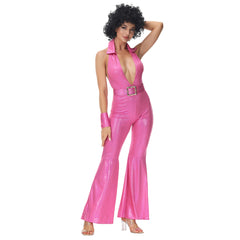 Retro 1970s Hip Hop Disco Pink Jumpsuit 4 Piece Set Cosplay Outfits Halloween Party Suit