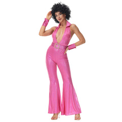 Retro 1970s Hip Hop Disco Pink Jumpsuit 4 Piece Set Cosplay Outfits Halloween Party Suit