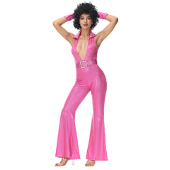 Retro 1970s Hip Hop Disco Pink Jumpsuit 4 Piece Set Cosplay Outfits Halloween Party Suit